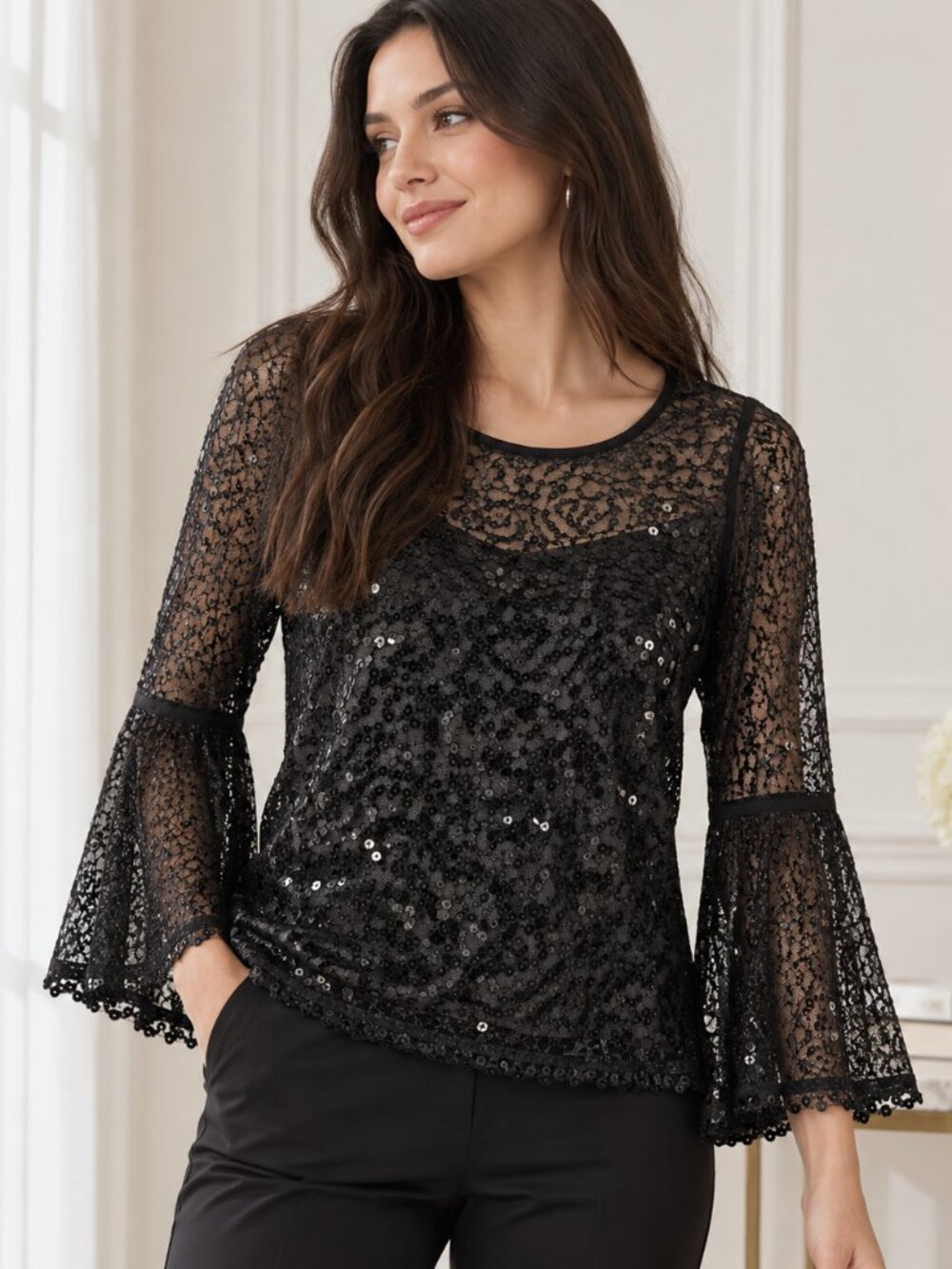 INC International Concepts Peony Garden Black Sequin Lace Blouse – XXL – 2 Piece